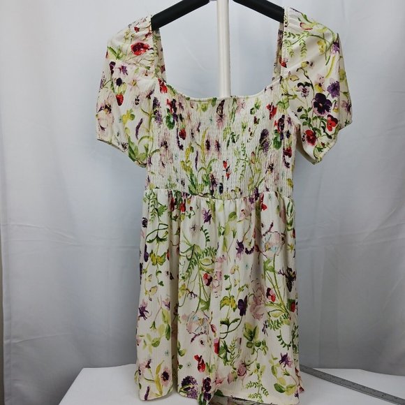 NEW H&M Floral Pleet Dress Size XXL Mini Short Cold Shoulder Ivory Floral - Picture 6 of 15